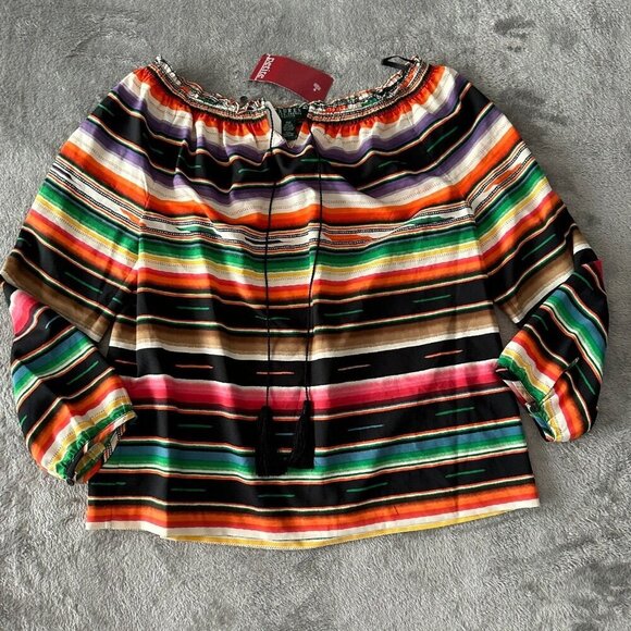 Lauren Ralph Lauren Striped Boho Peasant Blouse Shirt Medium Petite - Picture 1 of 6